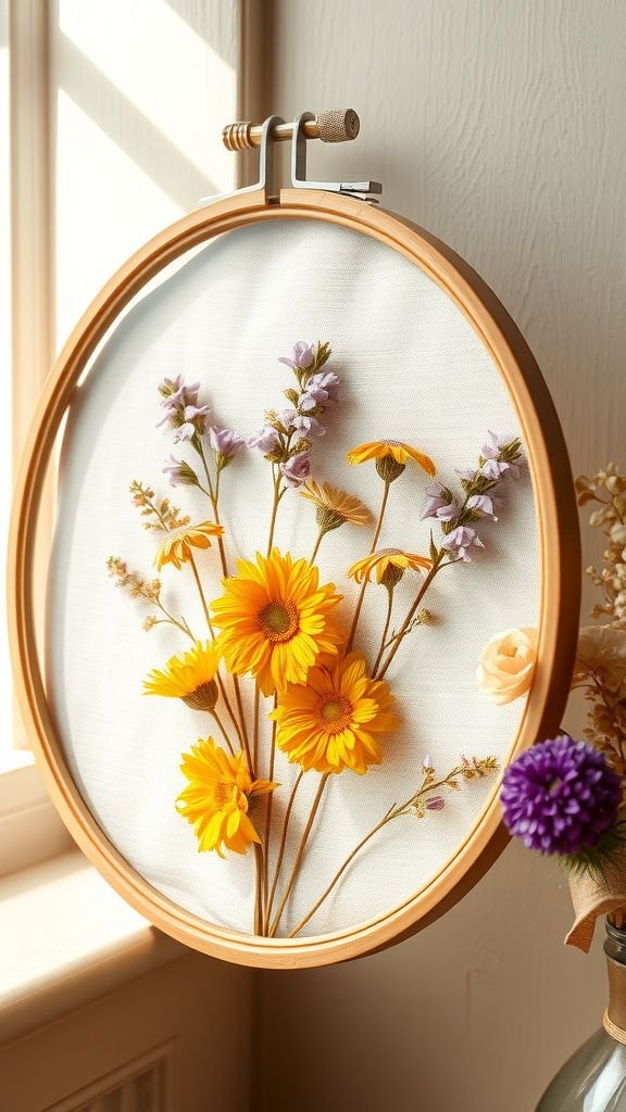 Pressed flowers in a hoop under glass