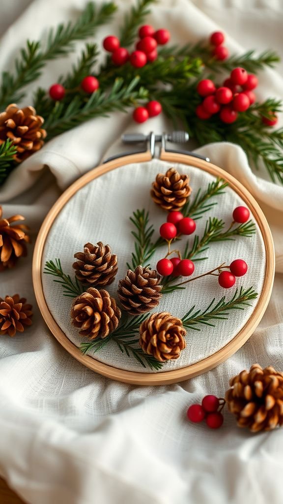 Seasonal hoop with tiny pine cones