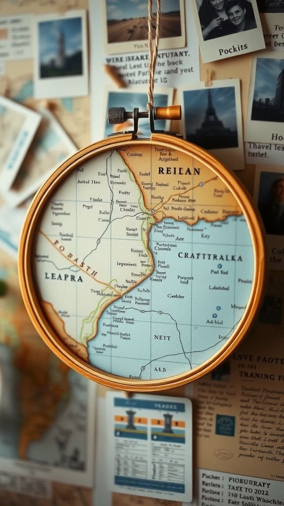 Vintage map hoop for travel-themed rooms