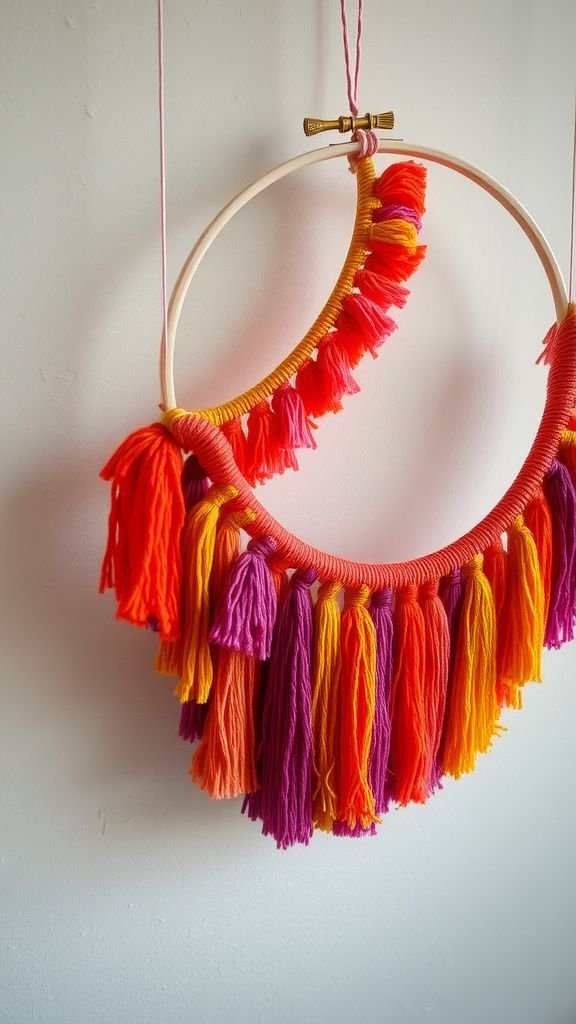 Yarn fringe hoop with saturated color bands