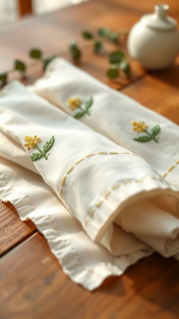 Embroidered linen napkins with botanical motifs