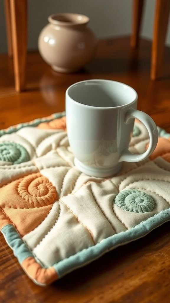Hand-quilted mug rug with cozy patterns