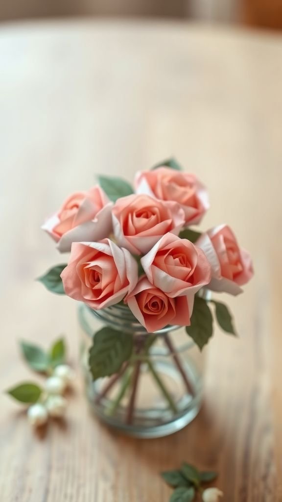 Hand-rolled paper roses in a tiny bouquet