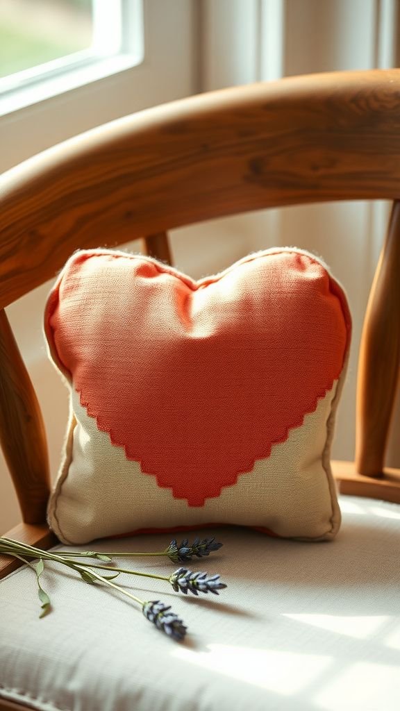 Hand-stitched heart pillow with faded charm
