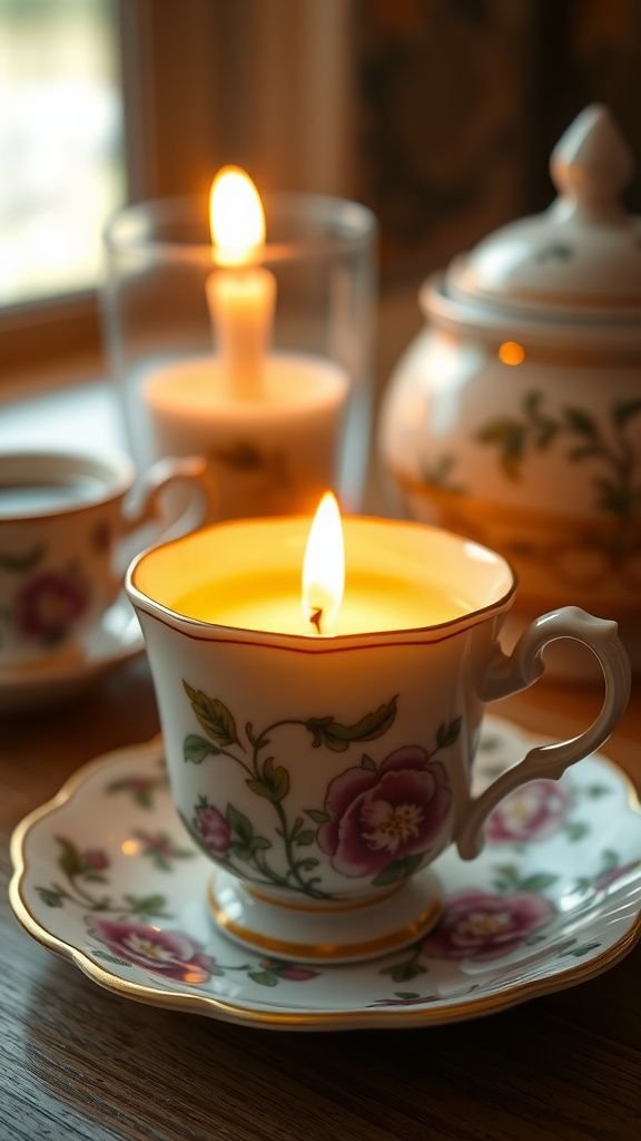 Homemade soy candle in recycled teacup