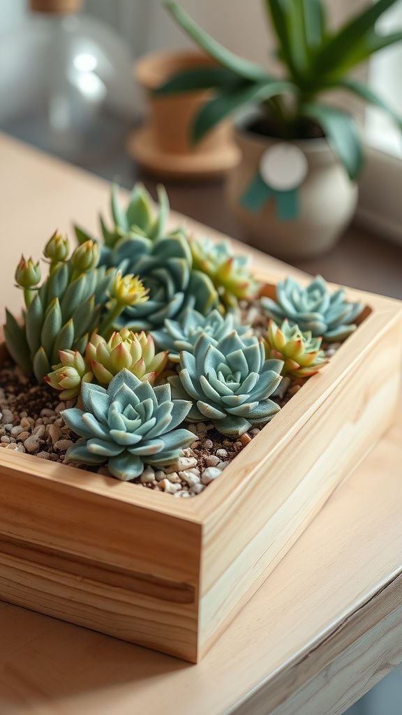 Mini succulent garden in a shallow wooden box