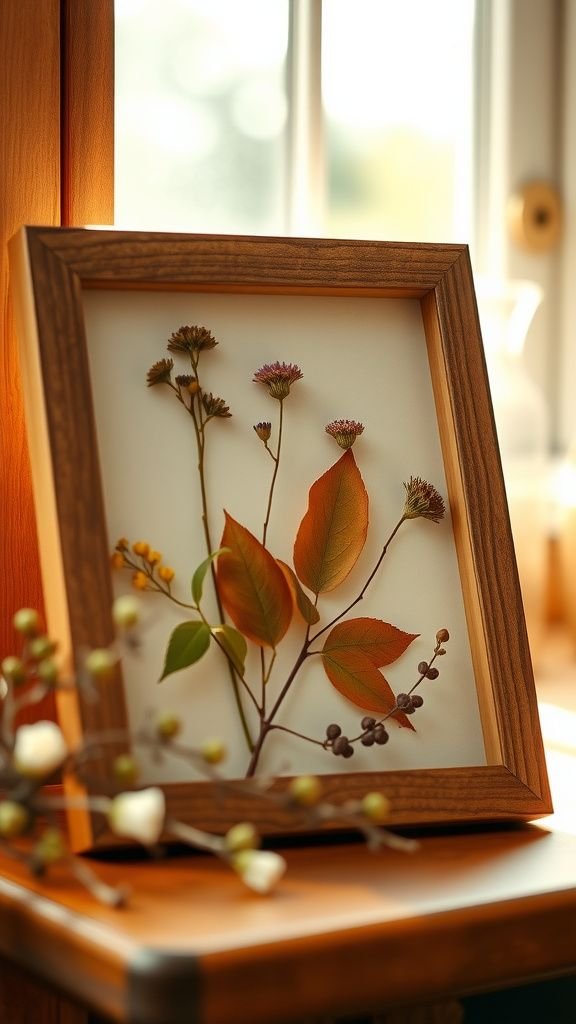 Pressed flower photo frame for sunlit mantels