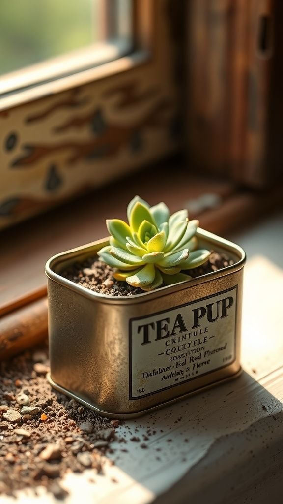 Upcycled tea tin turned into a tiny planter