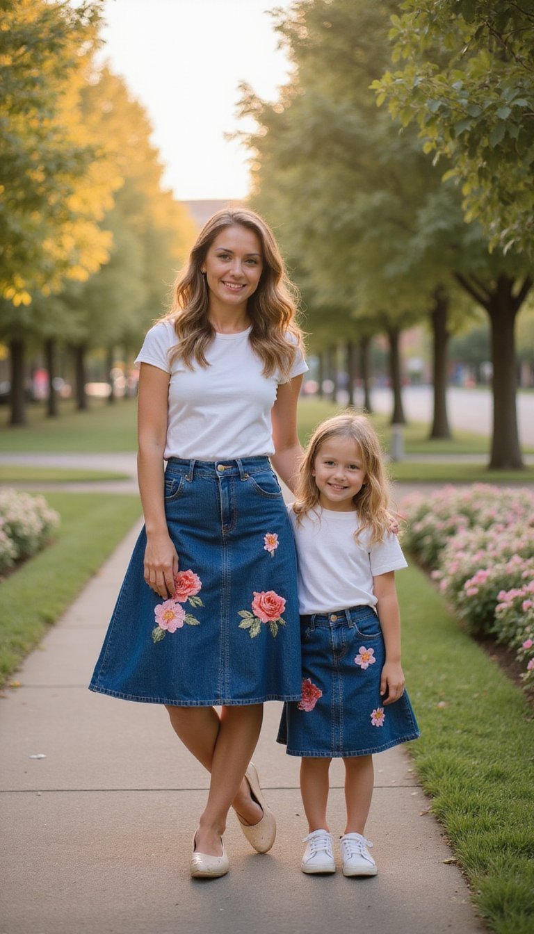 Floral Appliqué Denim Skirt Set