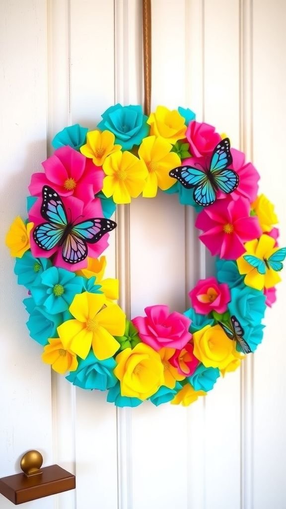 Bright crepe paper flower-and-butterfly wreath for doors