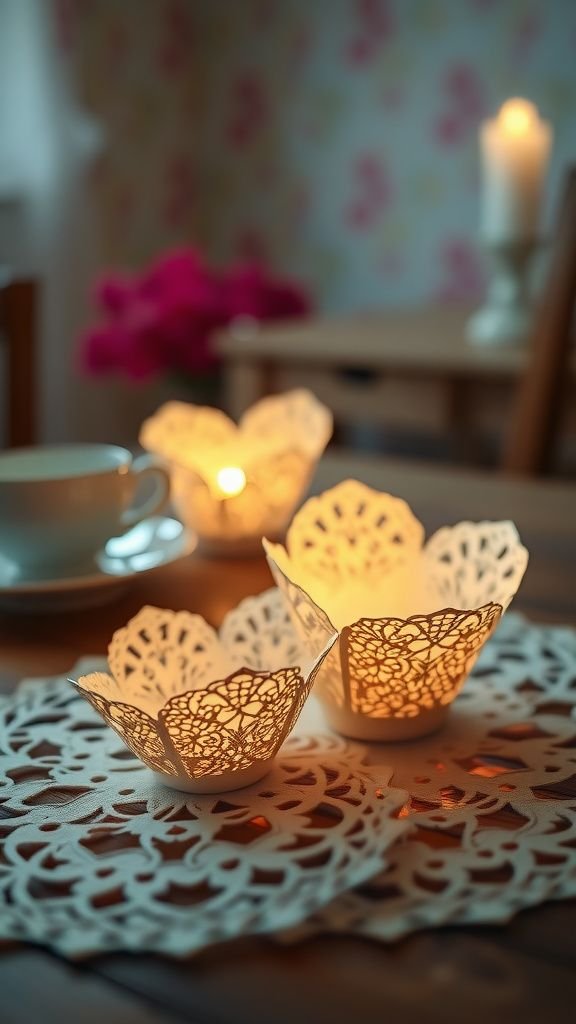 Charming doily-winged butterfly tea-light holders on tables