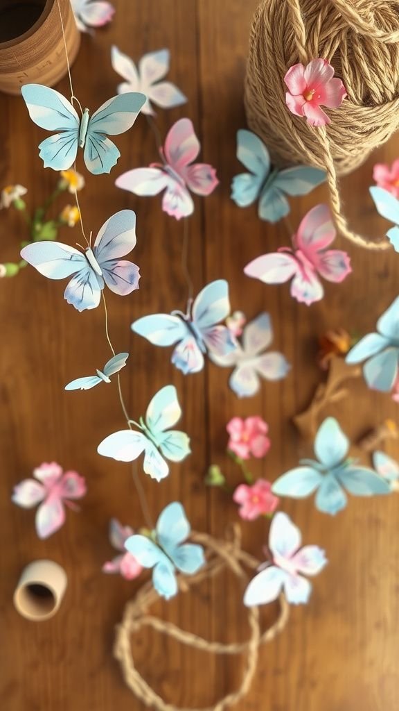 Hand-painted paper butterflies strung on floral garland