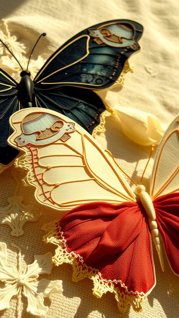 Mixed-media collage butterflies with fabric accents