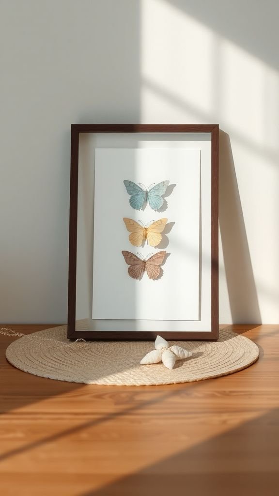 Pressed paper butterflies in glass frame display