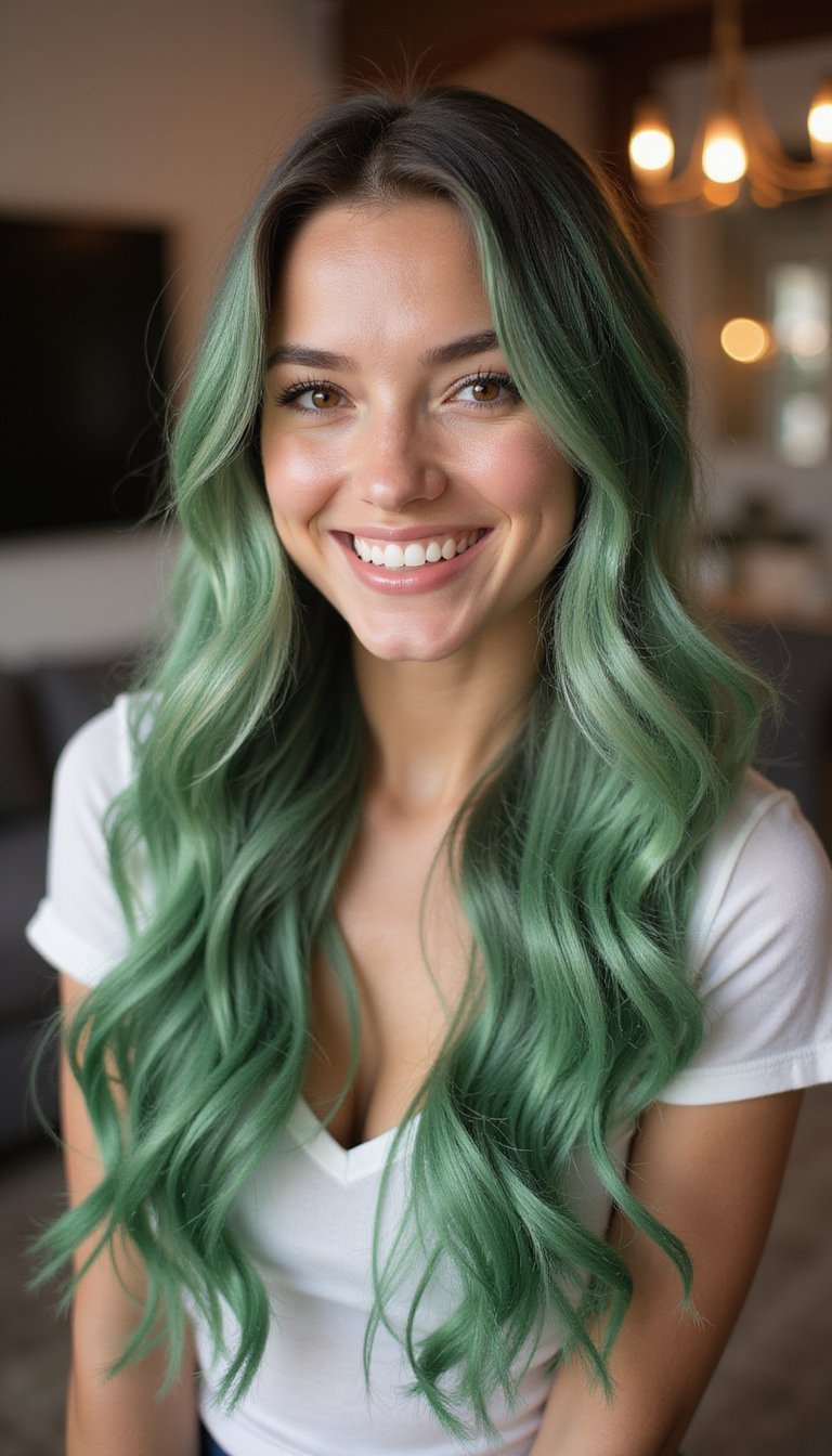 Glitter Roots With Subtle Green Ombre Accents