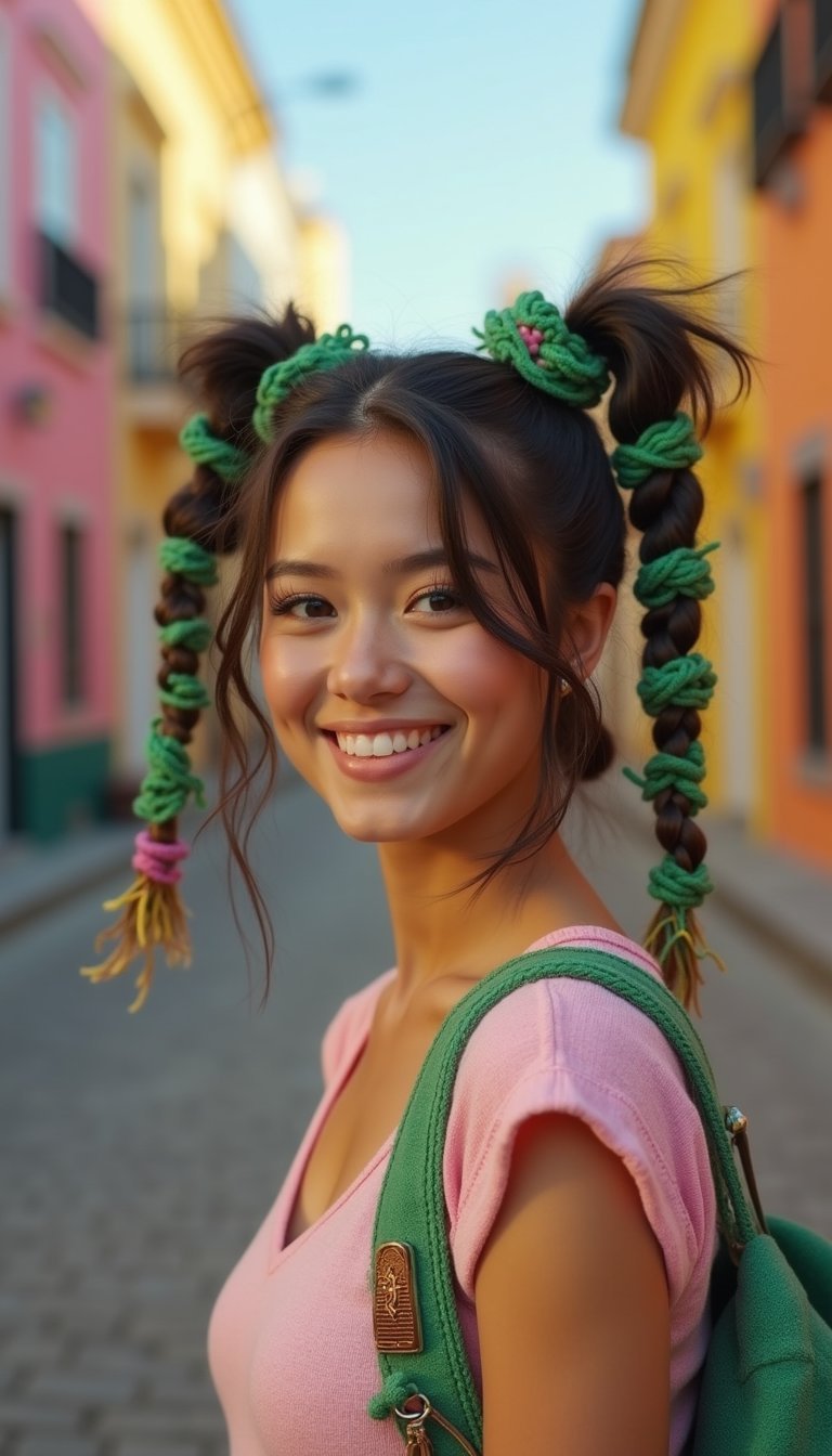 Green Yarn-Wrapped Pigtails For Playful Vibes
