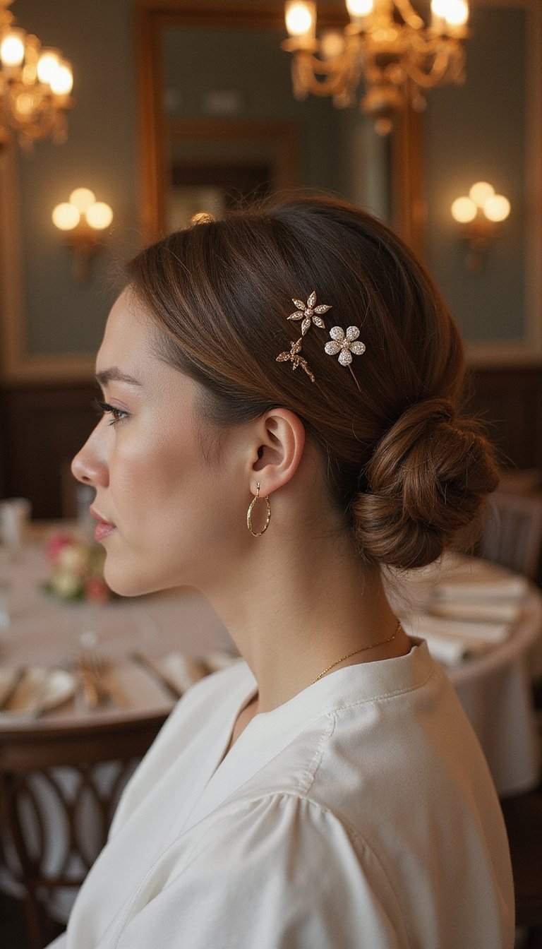 Low Twisted Chignon With Subtle Clover Hairpins