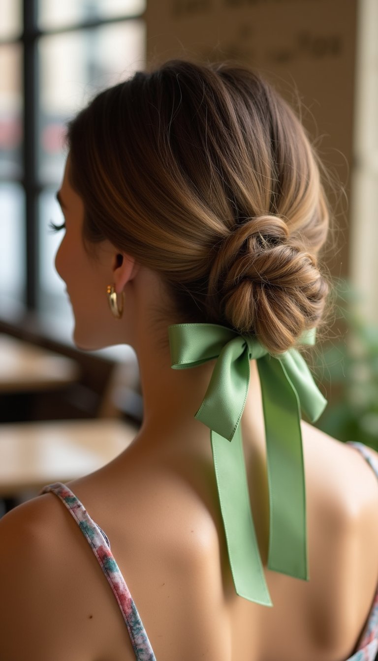 Messy Low Bun With Green Ribbon Wrap Accent