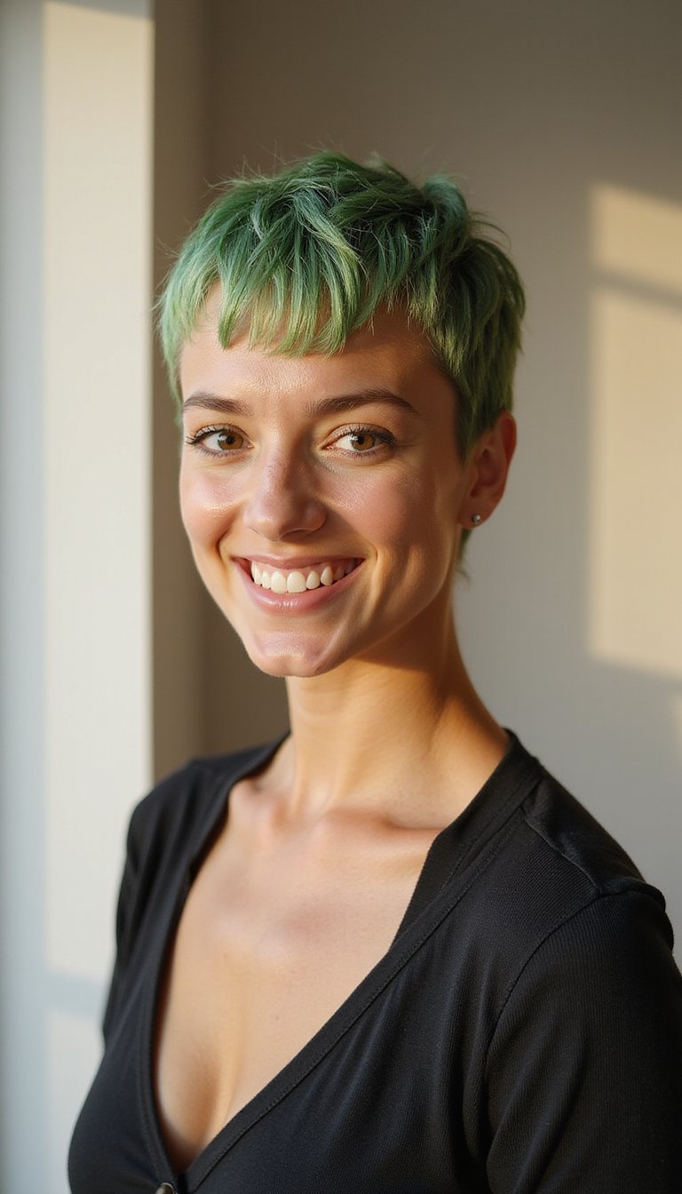 Messy Pixie With Green Root Tint For Edge