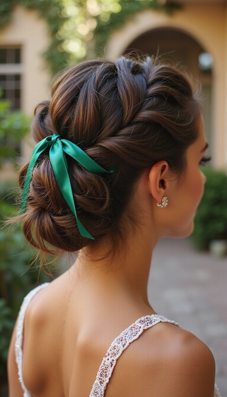 Two-Strand Twist Updo With Emerald Ribbon Highlights