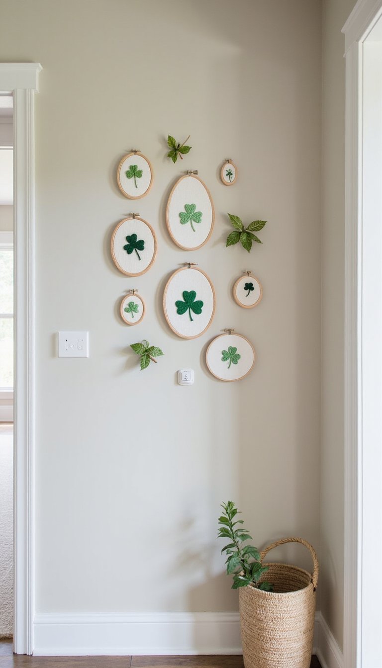 Embroidered clover hoop art for hallway walls