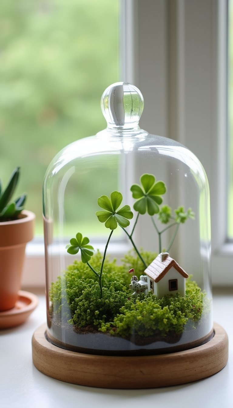 Glass cloche scene with moss and tiny clovers
