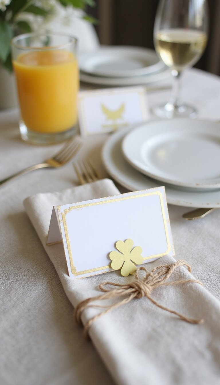 Gold-accented clover place cards for brunch