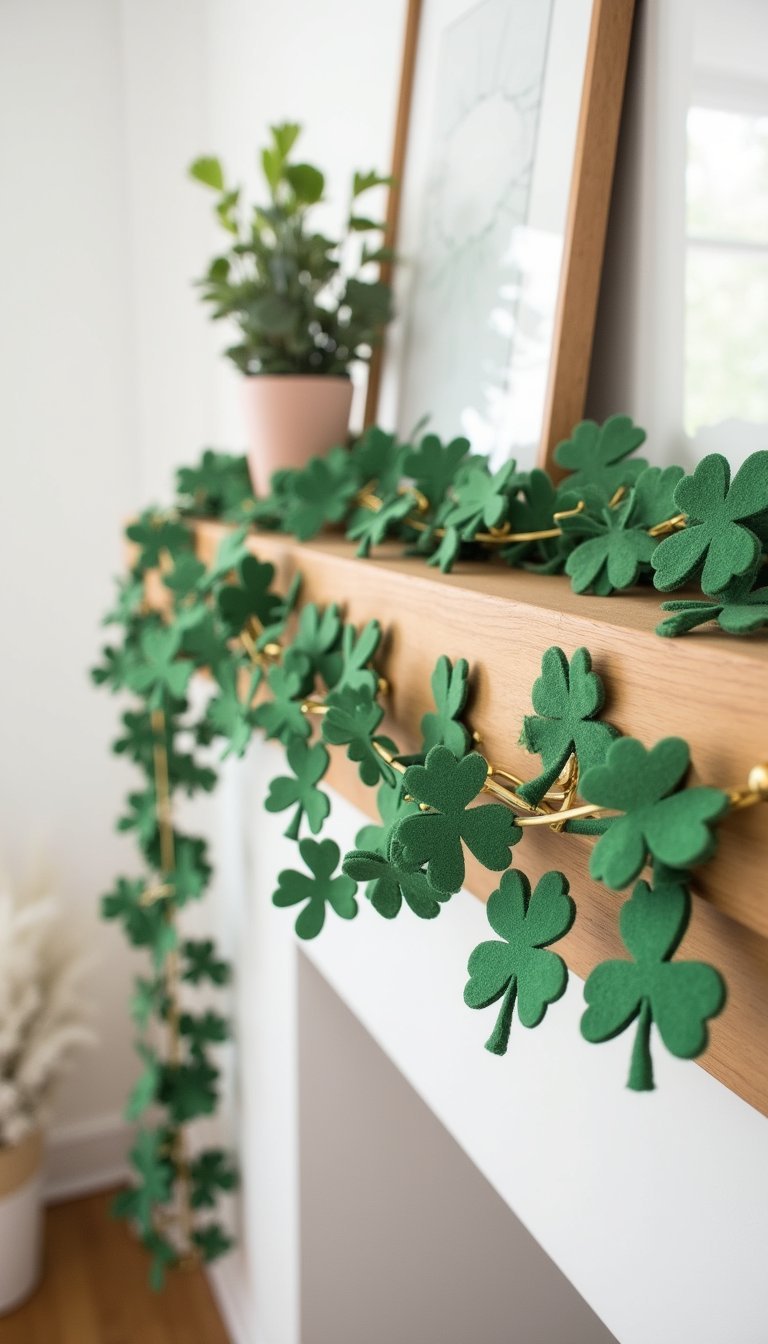 Green garland for the mantel with clover cutouts