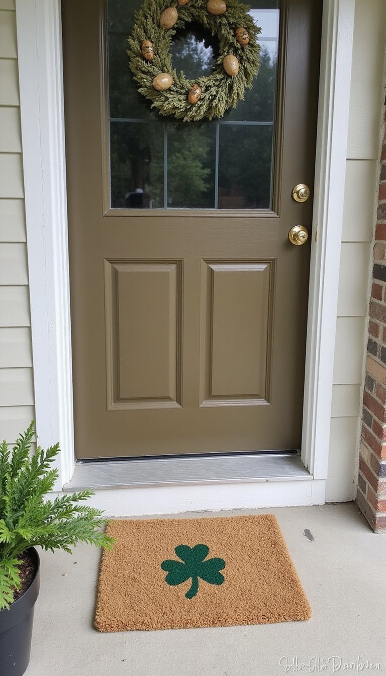 Hand-painted door mat with a tiny shamrock