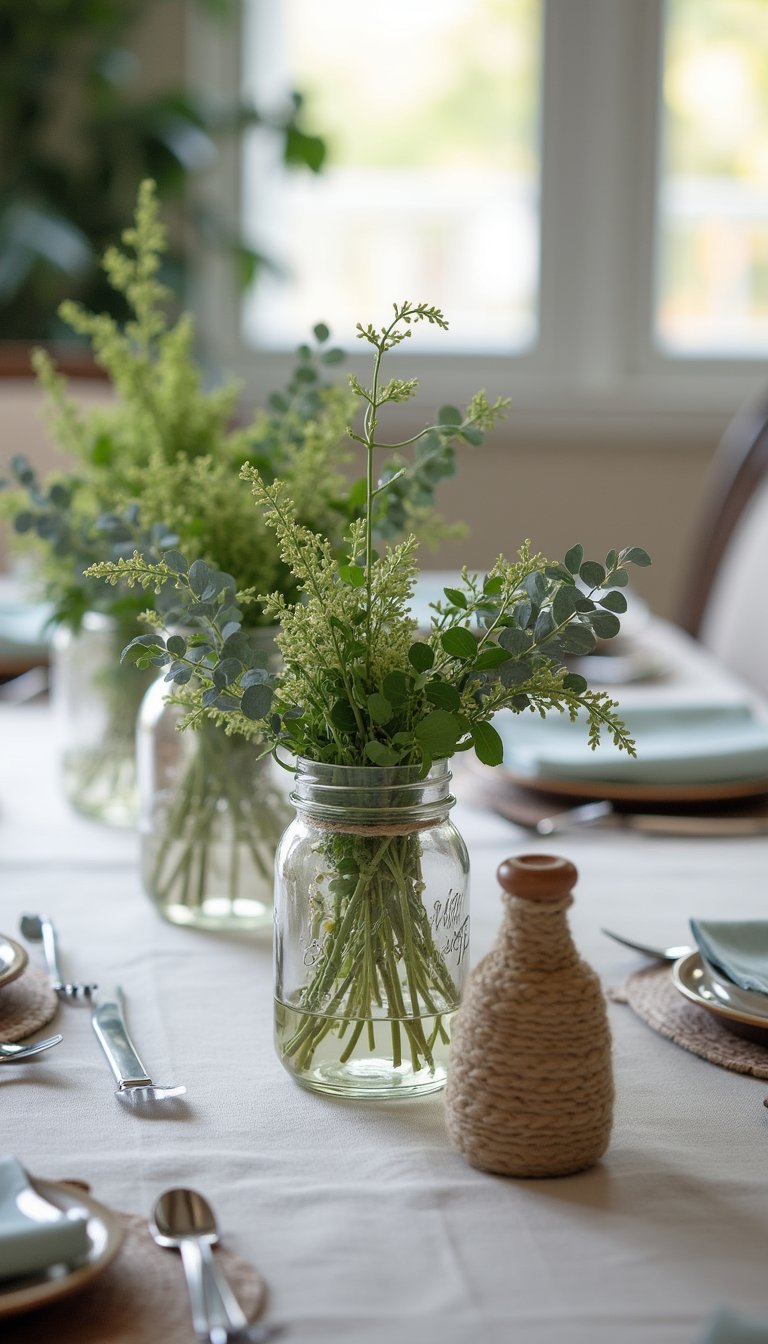 Mason jar centerpieces with green florals