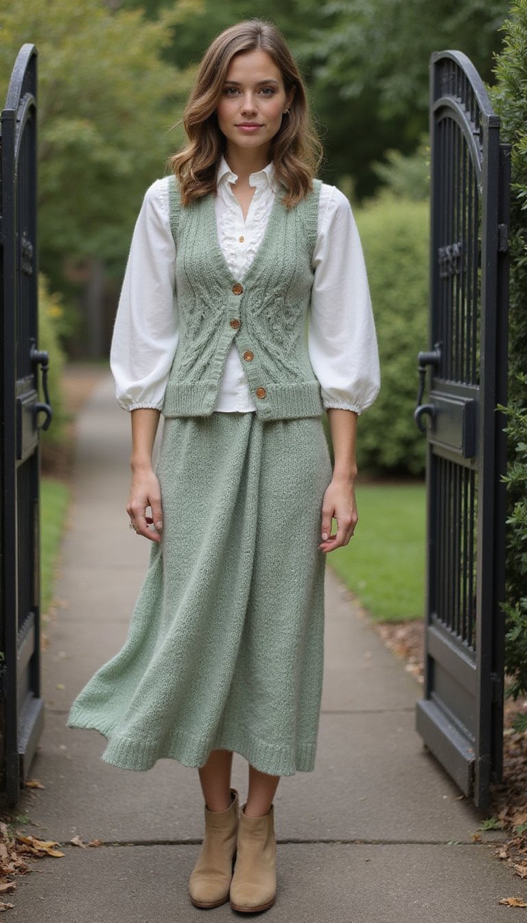 Cable-Knit Vest and Midi Skirt