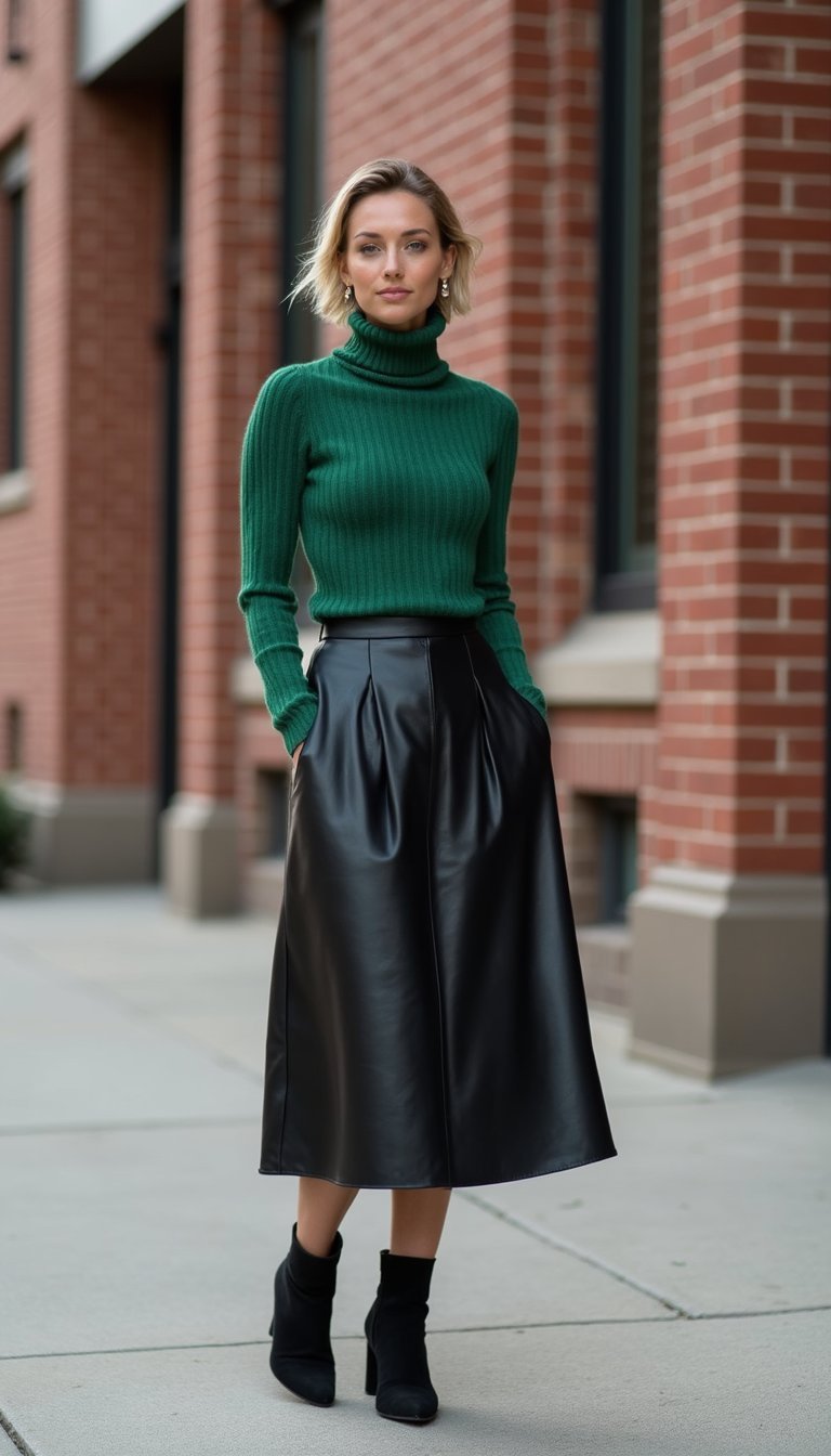 Green Turtleneck and Leather Skirt