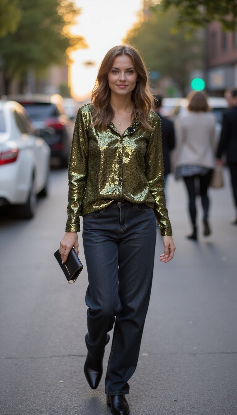 Sequin Top with Straight Jeans