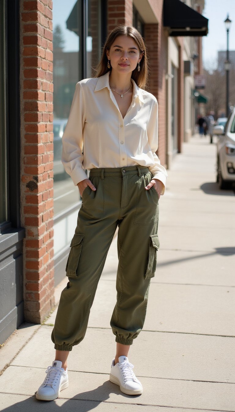Cargo Pants with Feminine Blouse