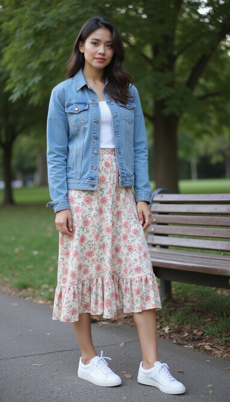 Denim Jacket with Floral Midi