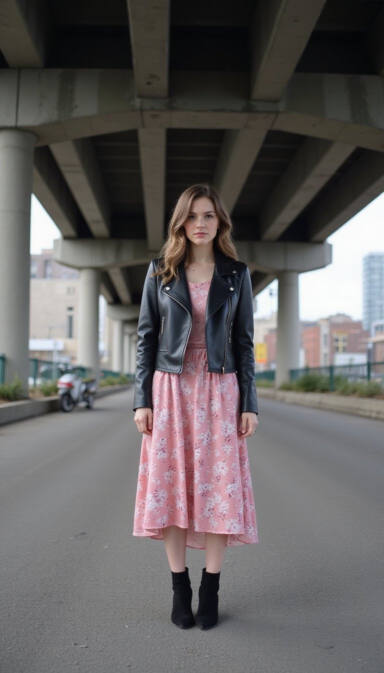 Leather Jacket and Floral Dress