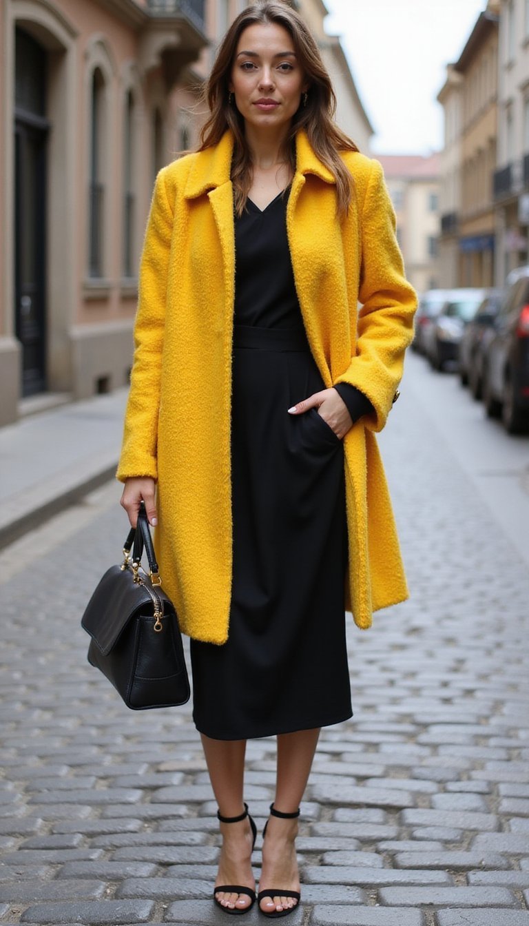 Statement Coat over Minimal Dress