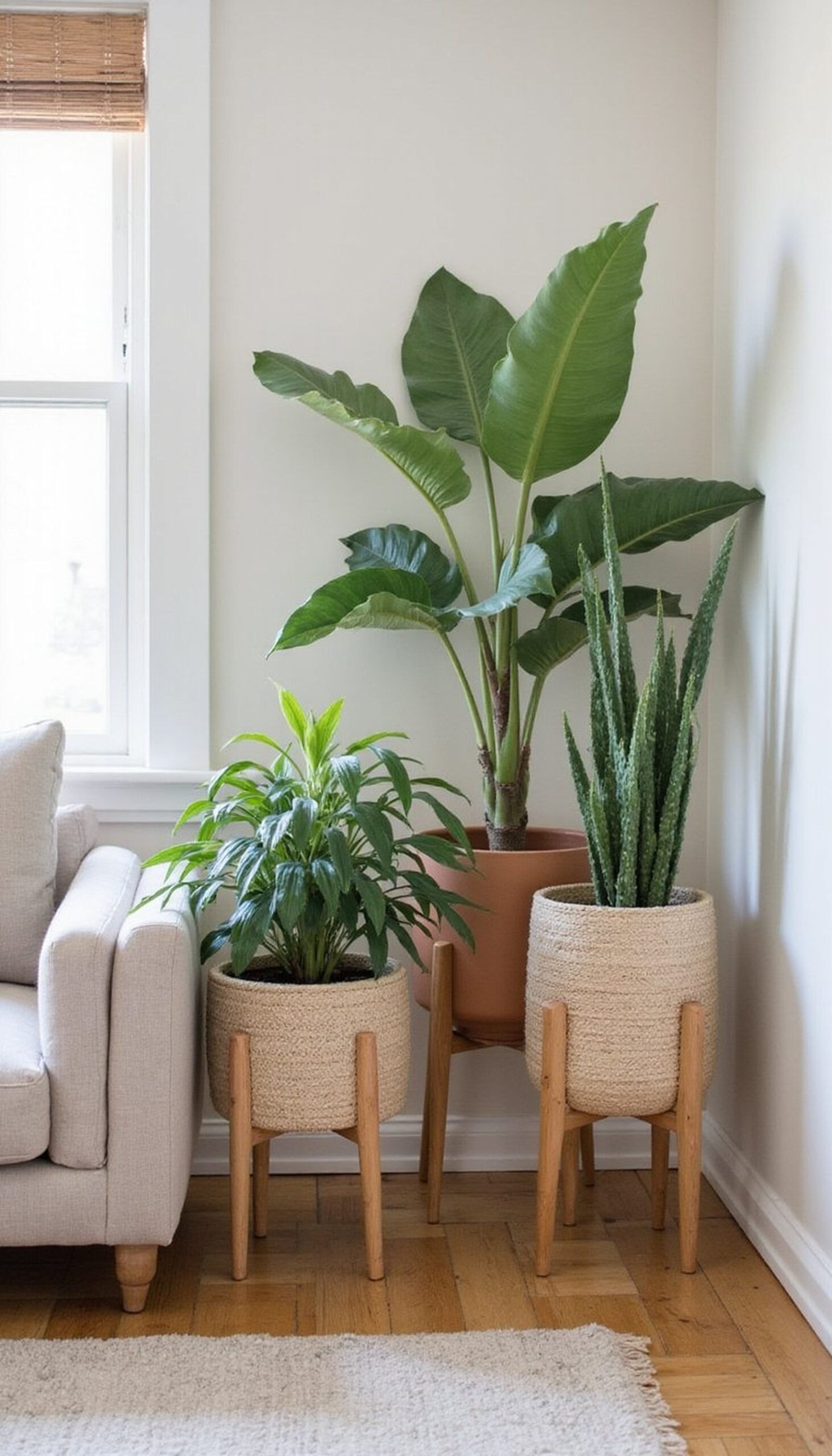 Bring plants in textured planters (no green overwhelm)