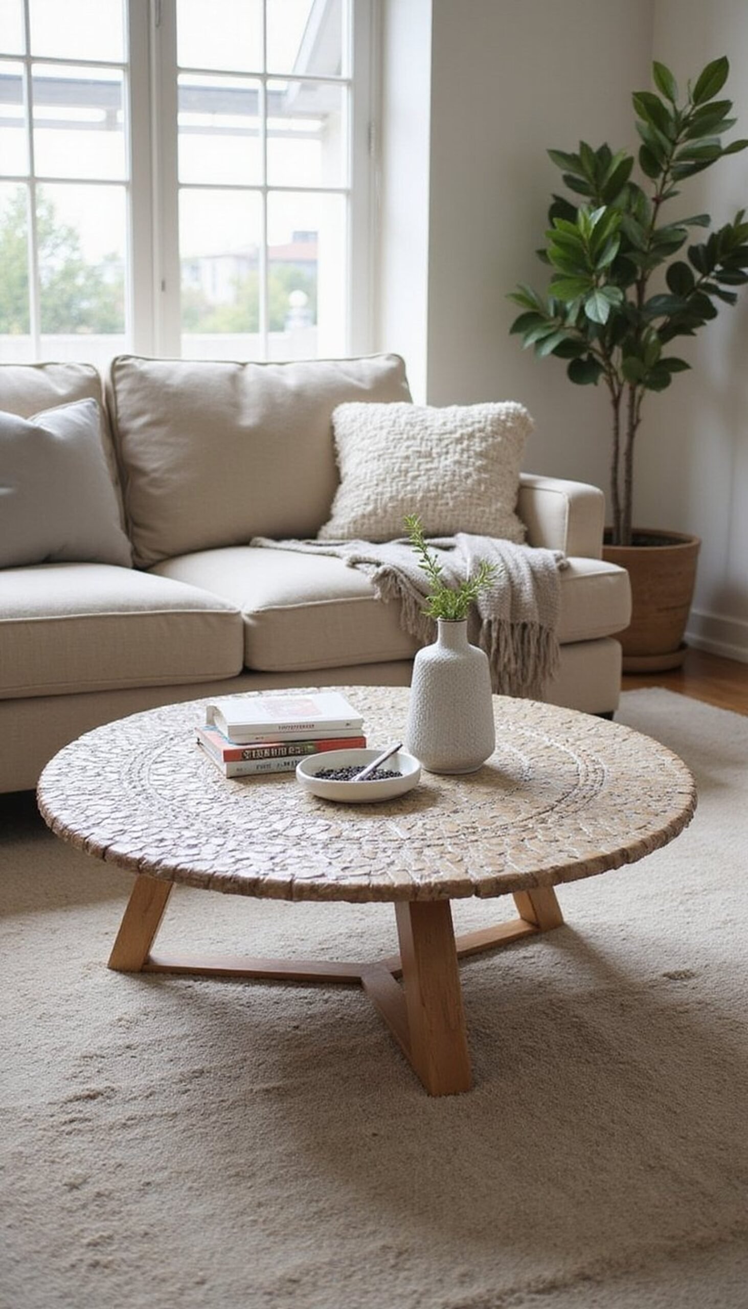 DIY pebble-inlay tabletop for a natural feel
