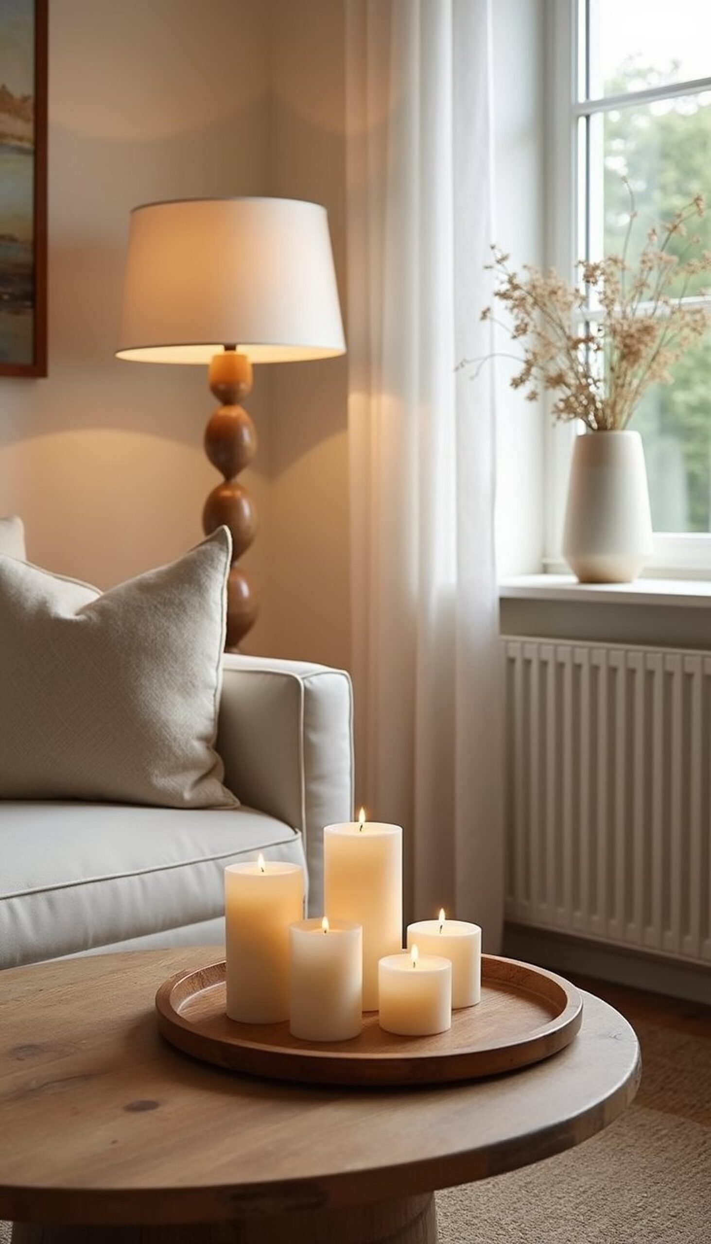 Layered lighting: lamps, candles, and soft strings
