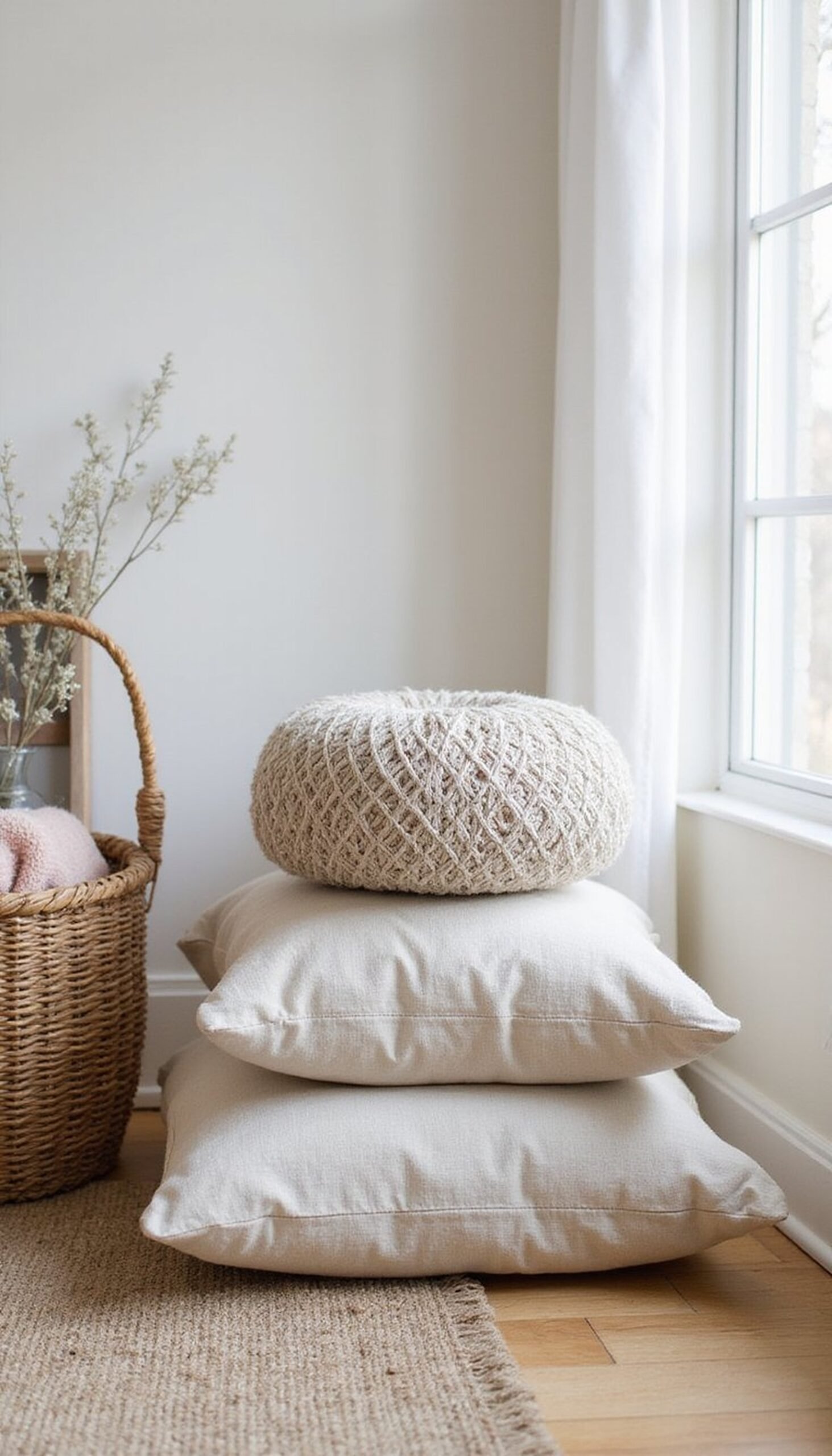 Low-profile seating: floor cushions and a pouf