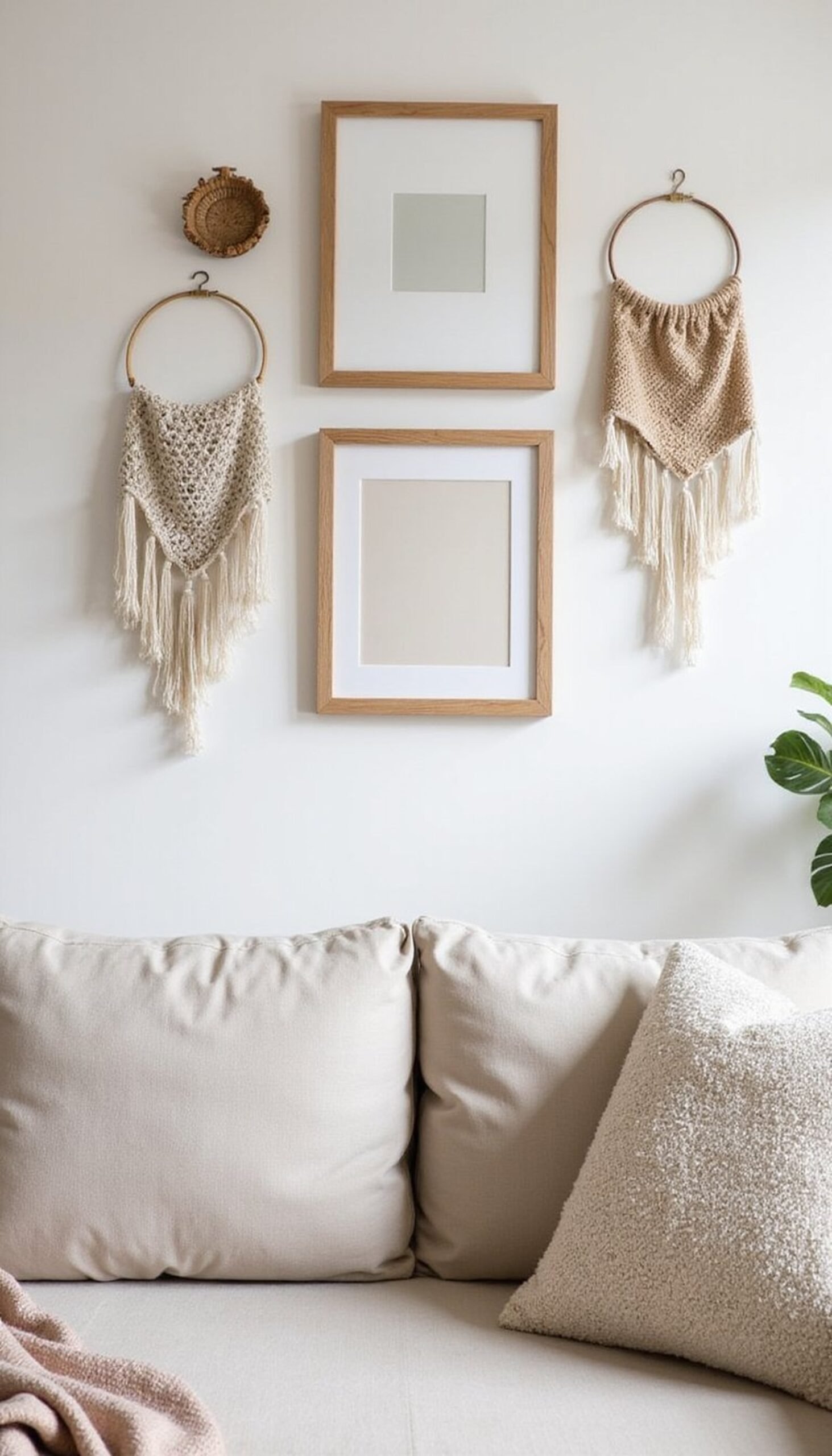 Neutral gallery wall with woven pieces and frames