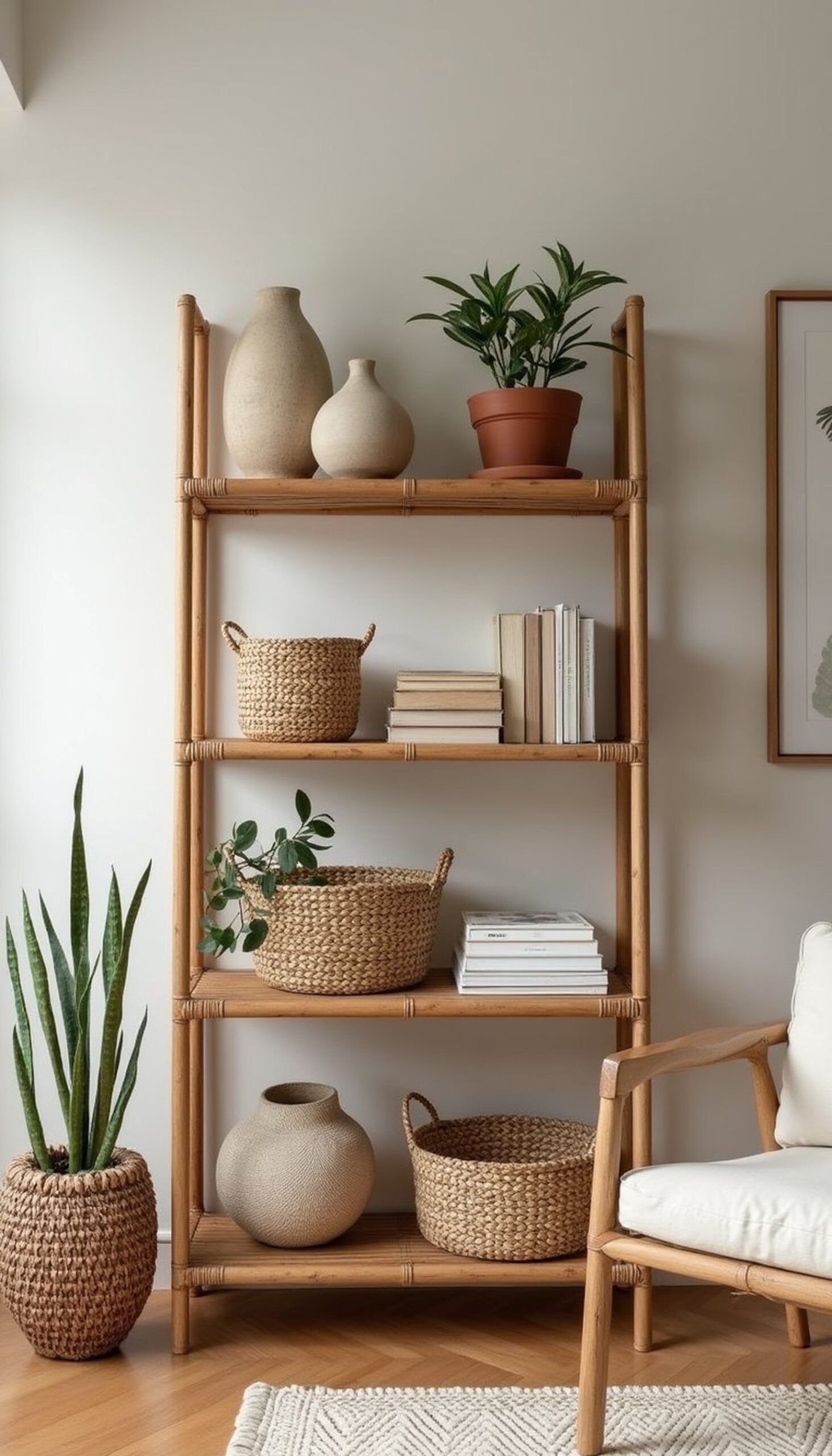 Rattan bookshelf styling for a relaxed look