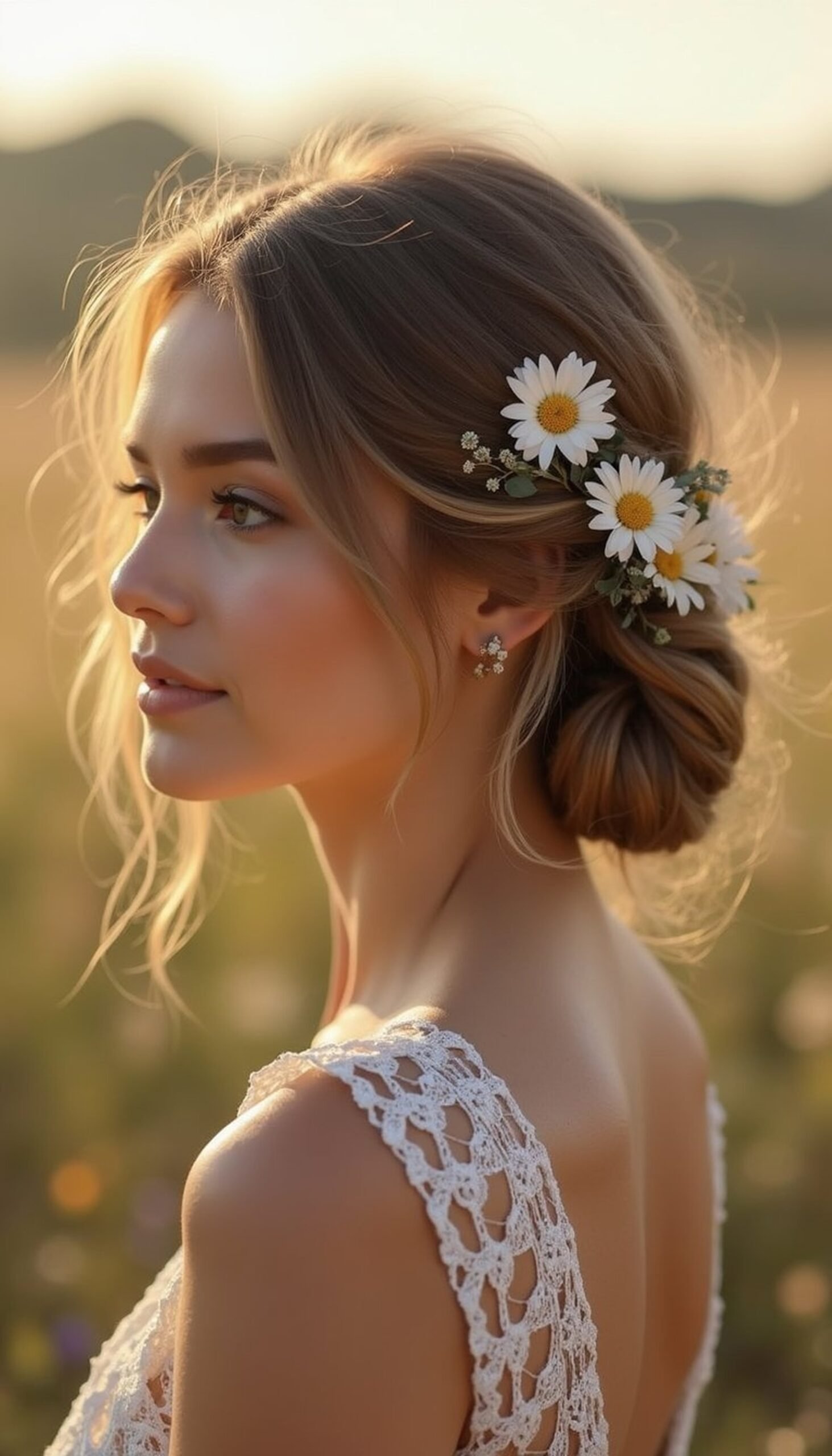 Low Twisted Bun With Fresh Flower Tucks