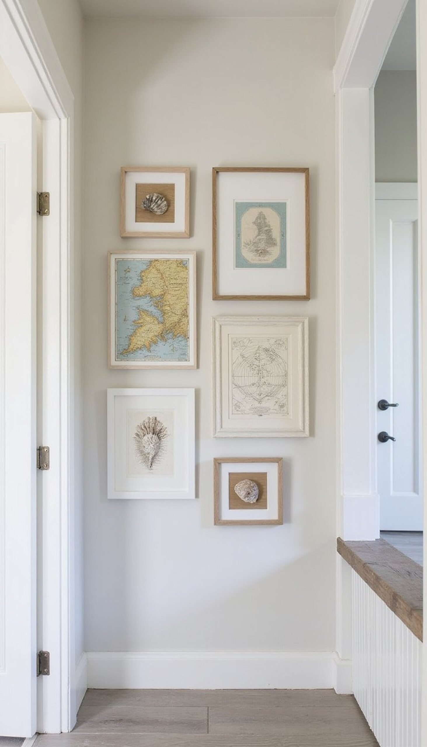 DIY coastal gallery wall: maps, shells, found photos