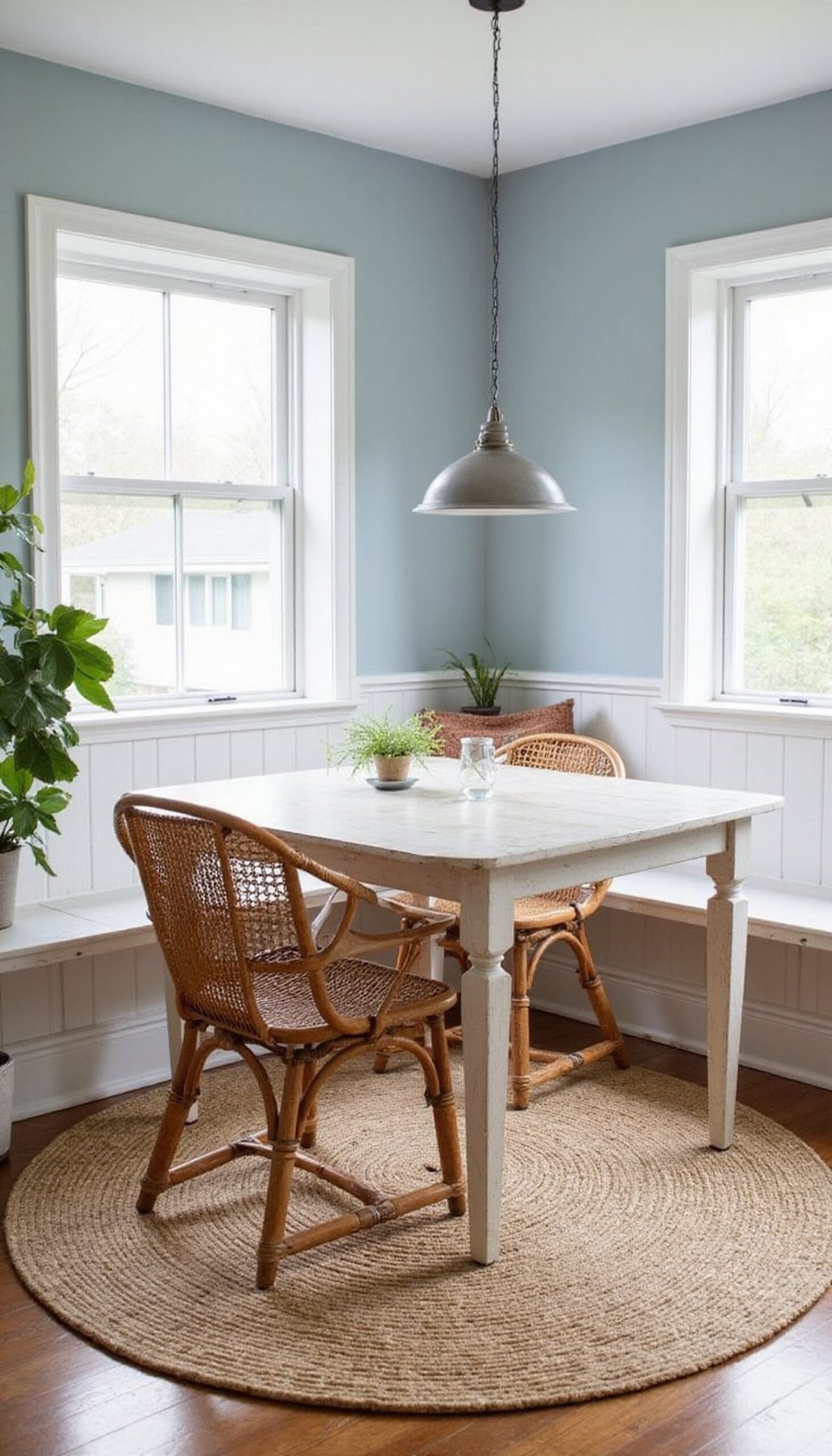 Handwoven seagrass rug under a breezy dining table