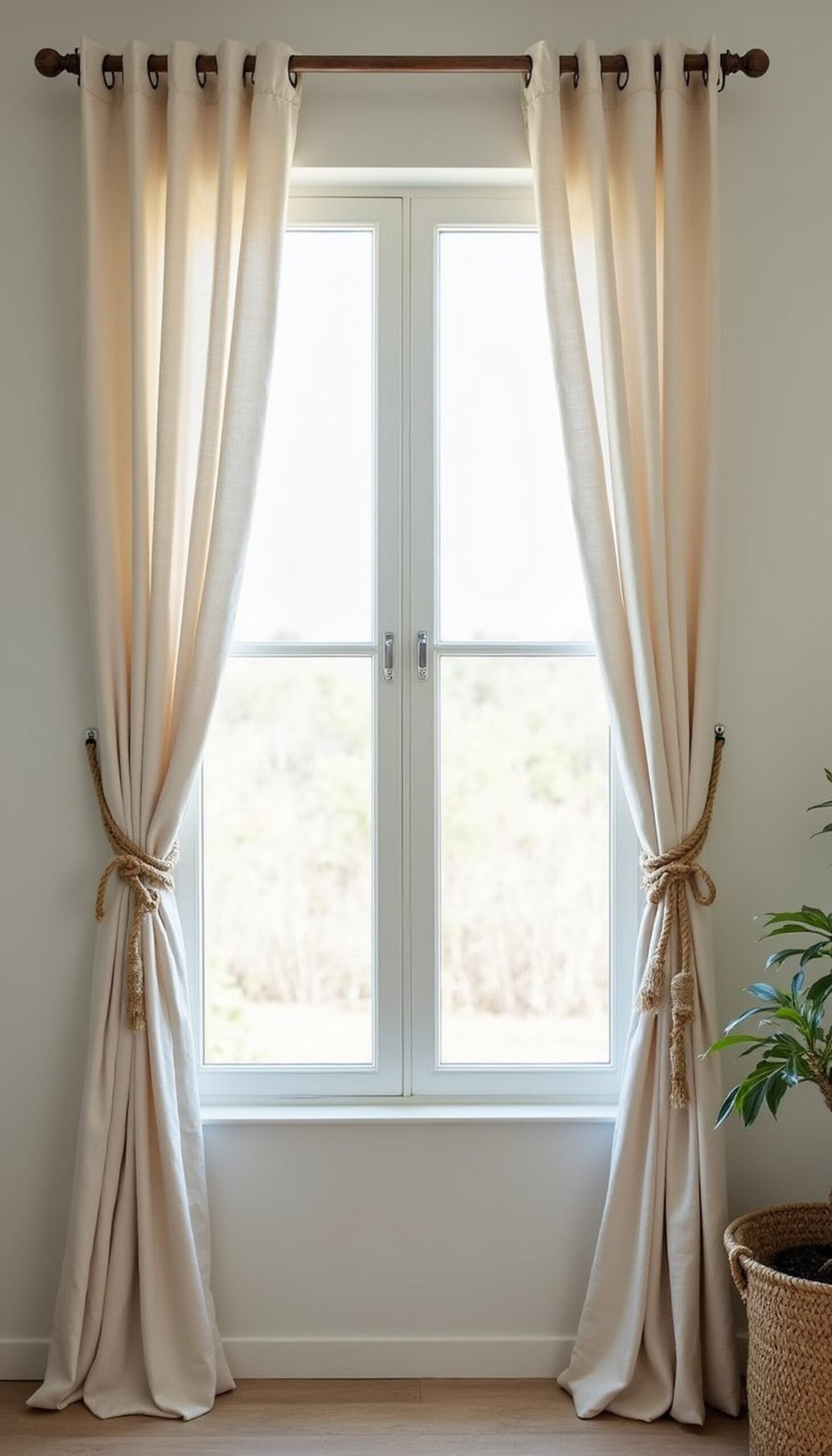 Nautical knot curtain tiebacks with natural fiber ropes