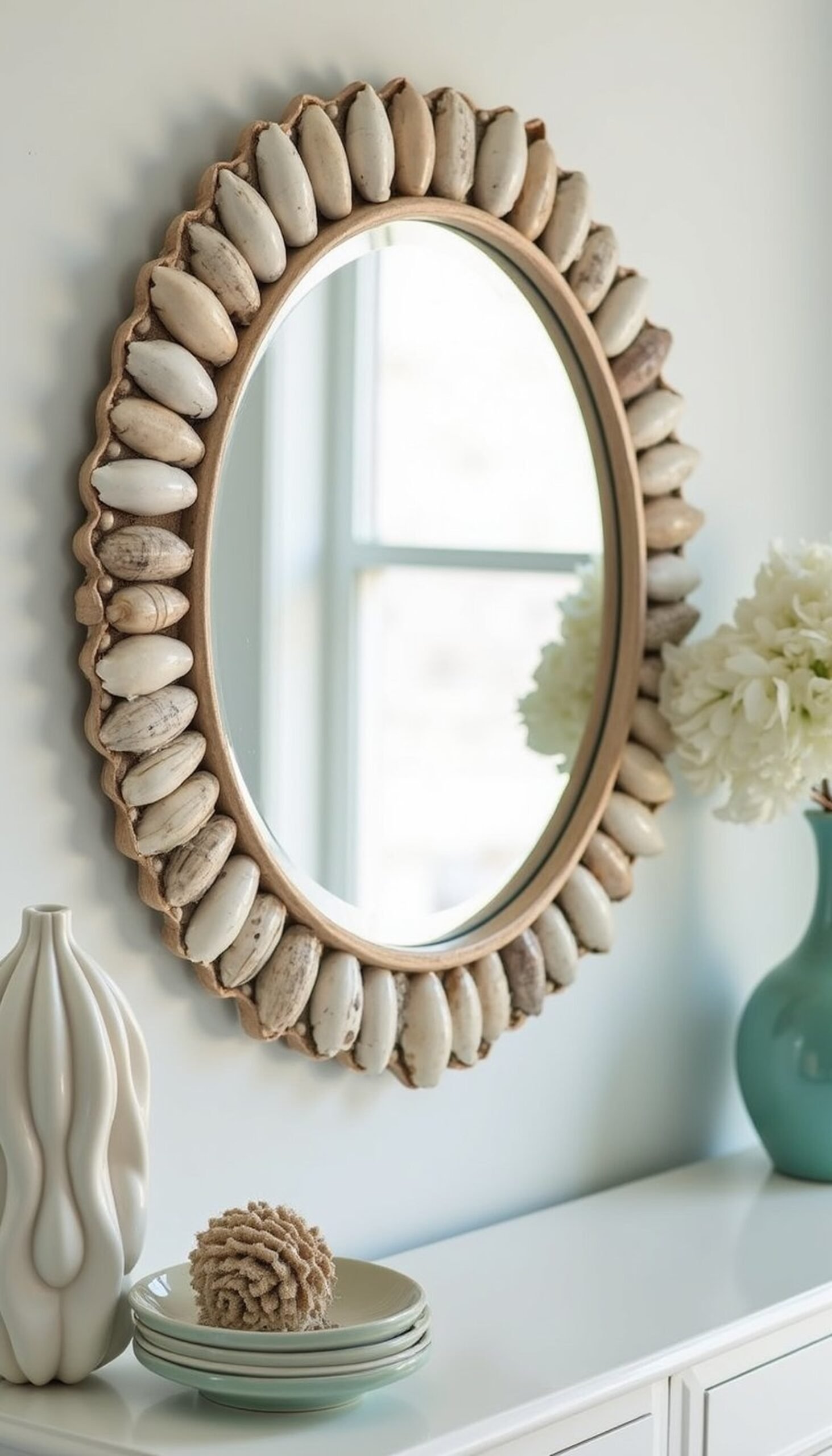 Shell-trimmed mirror that reflects seaside light
