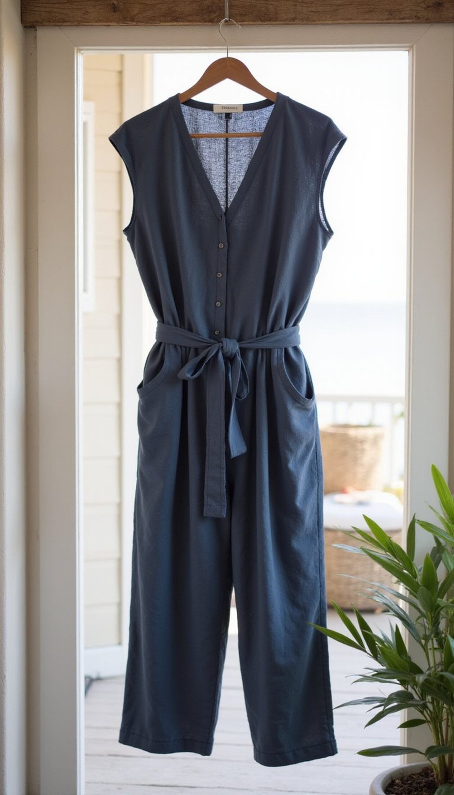 Beach-to-dinner outfit: linen jumpsuit with accessories