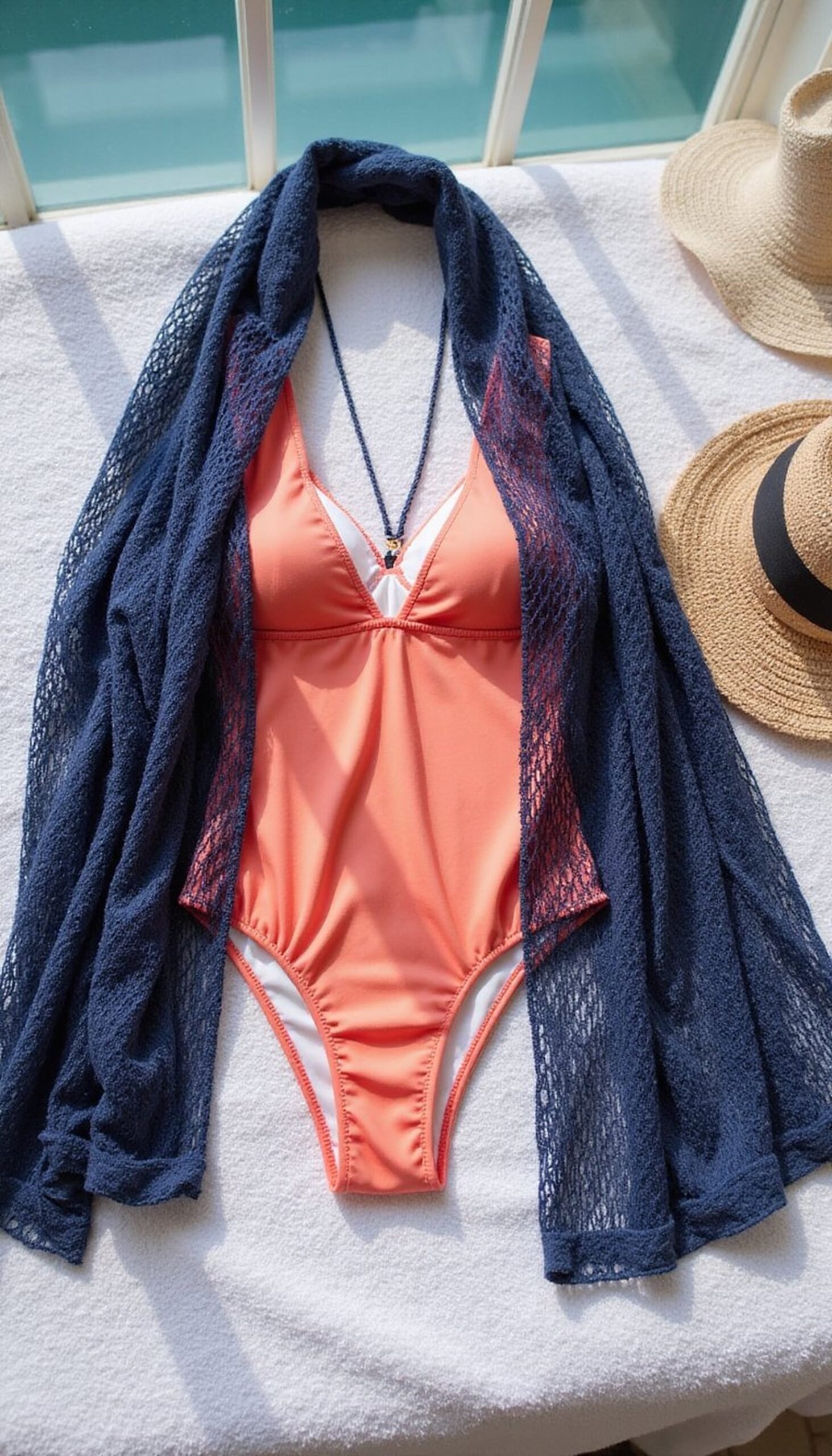 Layered swimsuit look with mesh cover and sarong